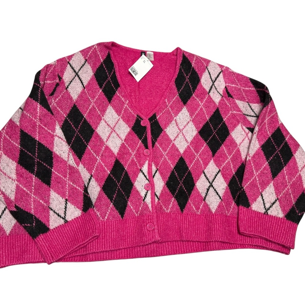 H&M Divided Pink and Black Argyle Cardigan